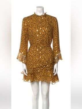 SALONI Mustard Leopard Print Ruffle Mini Dress